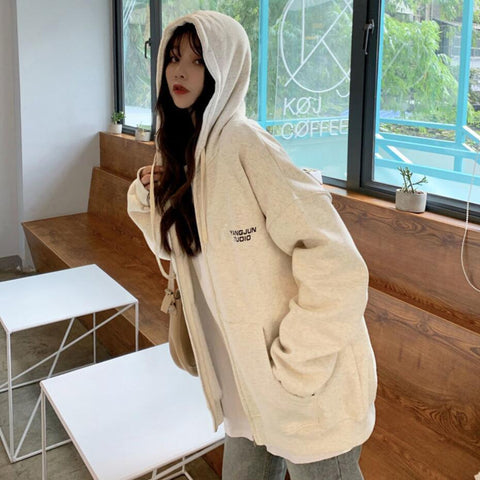 Sonicelife Vintage Zip Up Hoodie Oversized Harajuku Couple Streetwear Women Plus Size Loose Hooded Clothes Casual Thin Sweatshirts Pullover