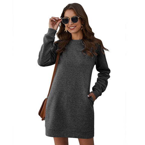 Sonicelife  Women Solid Casual Short Dress Black O Neck Long Sleeves A Line Pullover Office Lady Autumn Winter Pocket Mini Dresses