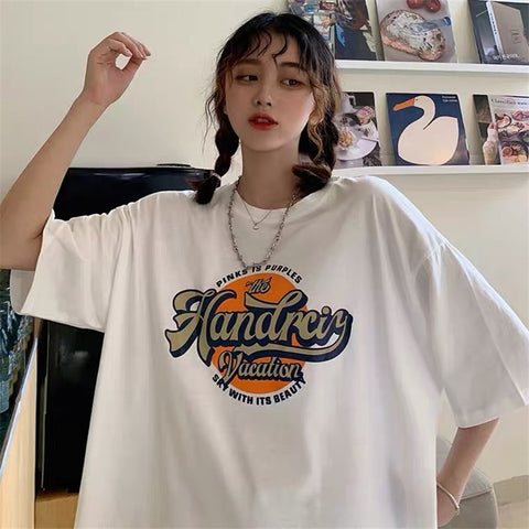 Summer 2023 Fashion Letter Printed Oversized T-Shirt Female Harajuku Casual Loose Top Clothes Vintage Tee Shirts Femme Pullover