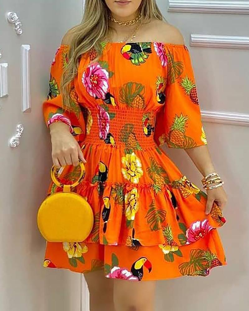 Sonicelife hoco dresses Fashion Elegant Fruit Print Off Shoulder Short Sleeve Kawaii Fairy High Waist Pleated A-Line Dress Summer Women's Party Dress