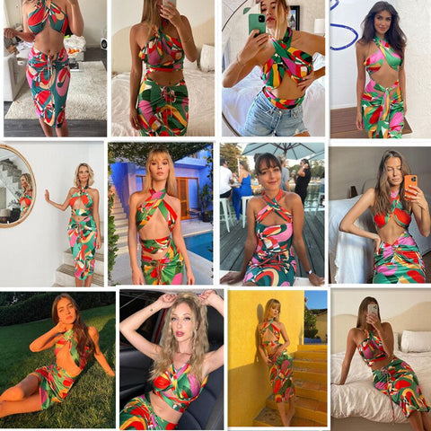 Sonicelife 2024  Print Tracksuit Woman Two Piece Boho Outfit Suits Halter Bandage Tanks And Ruched Drawstring Midi Skirts Matching Sets
