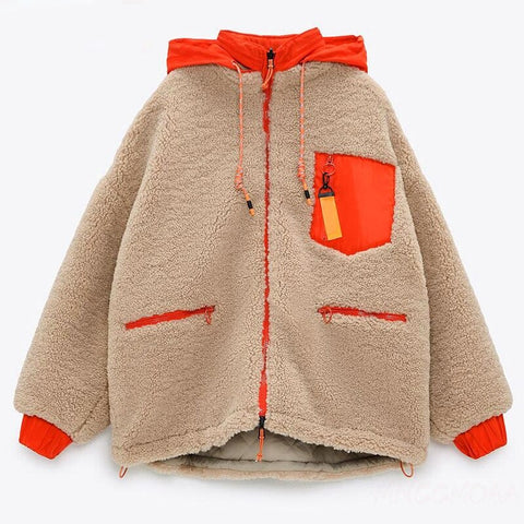 Sonicelife New Winter Thick Warm Lambswool Hooded Jacket Coat Women Casual Zipper Patchwork Loose Outwear Female Oversize  Parkas Mujer