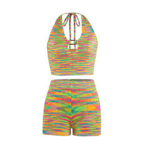 Sonicelife Rainbow  Halter Cut Out Crop Top and Shorts 2 Pieces Matching Set Club Fashion Outfits Loungewear Women's Set