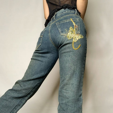 Sonicelife  Sifreyr Butterfly Print Baggy Jeans Women Autumn Low Waist Denim Flare Pants Harajuku Streetwear Vintage Y2k Fairy Grunge Jeans