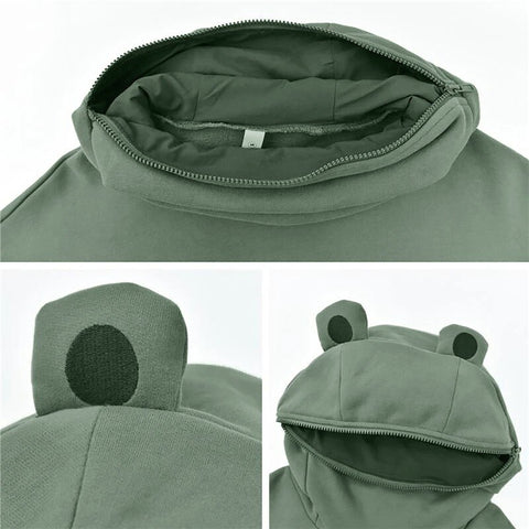 Harajuku Oversize Frog Hoodie Women Long Sleeve Zipper Pocket Mouth Sweatshirt Clothes Doll Top Kawaii Funny Pullover Streetwear