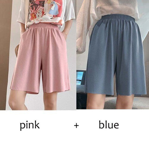 Sonicelife Wide Leg Short Pants Woman Summer Casual Ice Silk Straight Shorts Female Solid Elastic Waist Plus Size Slacks Short for Girls