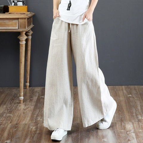 Sonicelife Wide Leg Pant for Women  Summer Vintage Cotton Linen Straight Pants Large Size Casual Loose Capri Pants Women's Wide Trousers