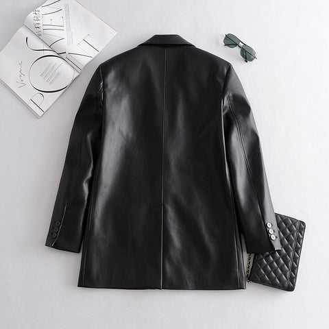 2023 Long PU Faux Leather Blazers Women Leather Jacket Coat Brand New Women's Jackets Outerwear Ladies Coats Female Leather Suit