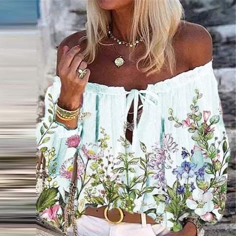 Sonicelife  2024 Summer Vintage Floral Print Boho Blouses Women  Off Shoulder Flare Sleeve Shirts Tops Elegant Lace-Up Tassel Chic Blusa