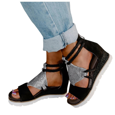 Back to school outfits  Sonicelife  Women’S Roman Sandals Flats Wedge Heel Open Toe Fish Mouth Flip-Flop 2024 Summer Casual Ladies Foreign Trade Beach Shoes #40