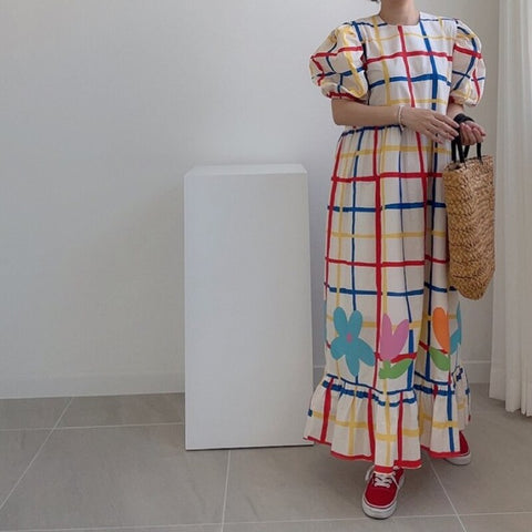 Summer new print woman dress Round neck loose and age-reducing long style  dresses for women