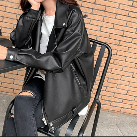 Sonicelife Sungtin Faux Leather Jacket Women Casual PU Loose Motorcycle Jackets Female Streetwear Oversized Coat Korean Chic New Spring