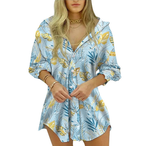 Women Beach Print Shirt Stand Collar T Shirt Streetwear Half Sleeve Button Casual Camisa Ladies Leisure Fashion Slim Tops D30