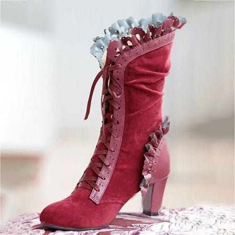 Sonicelife High Heel Boots Women Steampunk Women  Leather Suede Boots Autumn Vintage Winter Shoes Women Lace Up Cosplay Boots HVT373 927