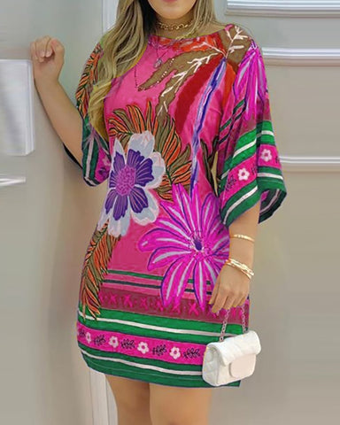 2023 Summer Women's Mini Tropical Print Half Sleeve Casual Dress Round Neck Chic