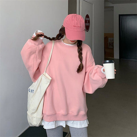 Sonicelife Crewneck Letter Embroidery Long Sleeves Sweatshirt Women Harajuku Hoodie Korean Solid Color Fashion Oversize Tops Women Clothing