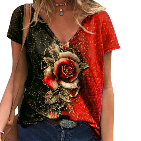 Sonicelife Y2k Spring Retro Floral Print Blouse Shirt Women Elegant V-Neck Short Sleeve Tops Summer Casual Lady Loose Streetwear Blusa D30