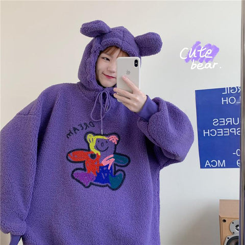 Winter Women Hoodies Harajuku 2023 Korean Style Loose Lamb Cashmere Bear Sweatshirt Cartoon Woman Top Print Cute Hooded Pullover