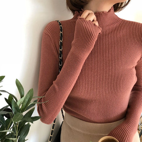 Sonicelife Christmas Gift 2024 Autumn Winter Sweater Women Knitted Ribbed Pullover Sweater Long Sleeve Ruffles Turtleneck Slim Jumper Soft Warm Pull Femme