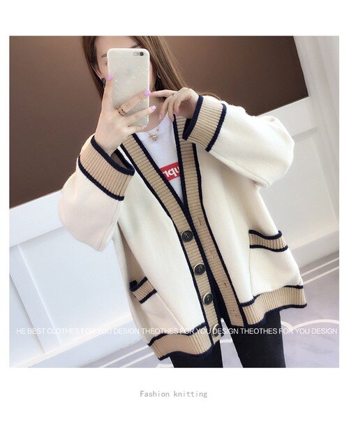 Sonicelife Women's Cardigan Knitted Korean Fashion Stripe Wool Sweater for Women Winter Long Sleeve V-neck Casual Knitwear Coats Female