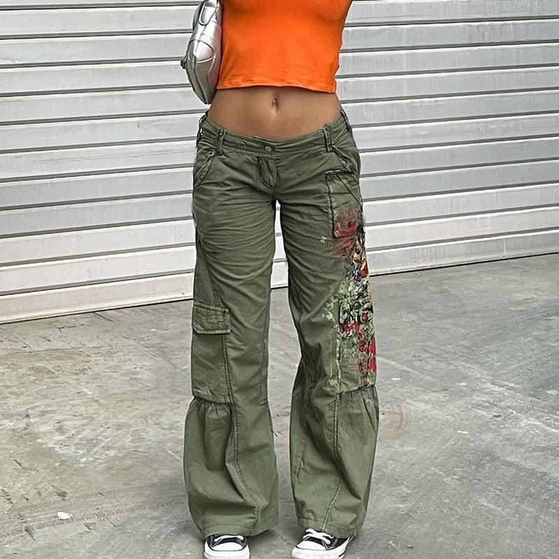 Sonicelife Vintage  Women's Jeans Grunge 90s Low Waist Wide Leg Cargo Pants Dark Academia Casual Streetwear y2k Trousers