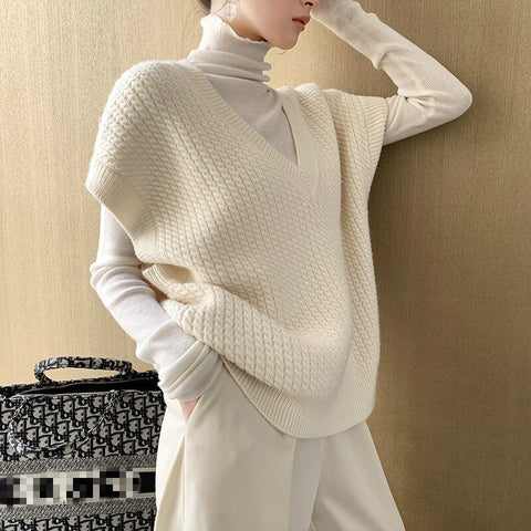 2023 New Knitted Pullover Sweater for Women Solid V-neck Female Sleeveless Sweater Vest White Casual Loose Ladies Knitwear Tops