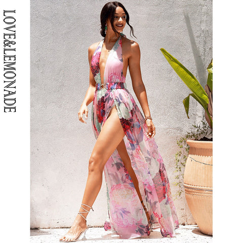 LOVE&LEMONADE  V-Neck Big Backless A-Line Split Pink Flower Print Chiffon Beach Maxi Dress LM83488