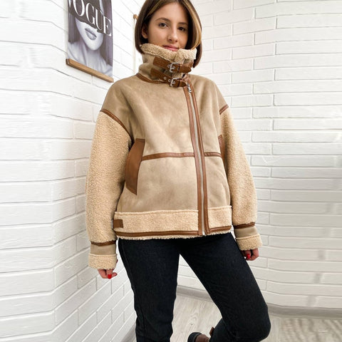 Sonicelife New Winter Women Thick Vintage Splice Suede Jacket Coat Loose Warm Lambswool Biker Outwear Female Oversize Faux Leather Overcoat