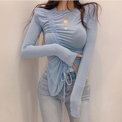 Christmas Gift Shoulder pads women top Summer long sleeve tops  asymmetric slim solid ladies tops 2023 Lace Up Thin T-shirt See Through
