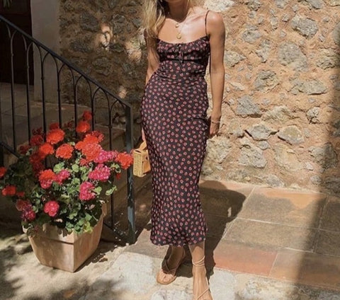 Back to school outfit Sonicelife  Floral Retro Midi Beach Dress Women Boho Sundress Summer Fashion Maxi Dresses Sleevless Vintage Holiday Outfits Backless