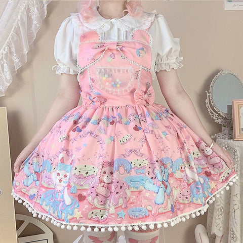 Sonicelife Sweet Lolita Milk Foam Pudding Print Lolita Cute JSK Strap Dress Women Summer Tea Party Princess Bowknot Dresses