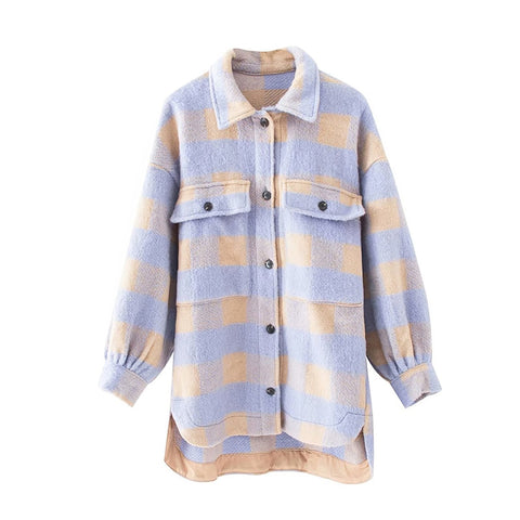 Sonicelife KPYTOMOA Women 2024 Fashion Overshirts Oversized Checked Woolen Jacket Coat Vintage Pocket Asymmetric Female Outerwear Chic Tops