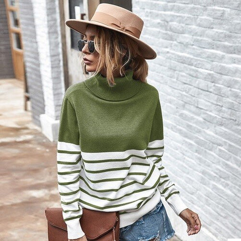 Women's Turtleneck Fashion 2023 Autumn Winter Soft Stripe Knitted Sweaters Female Loose Thick Warm Jumpers Ladies Pullovers