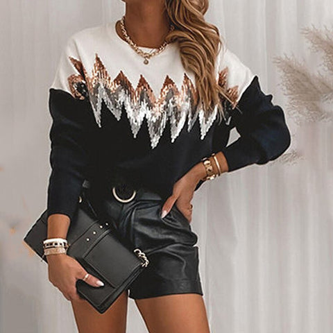 Autumn Fashion Trendy Contrast Sequin Colorblock Drop Shoulder Sweater Women Casual Blouse Long Sleeve Tops New