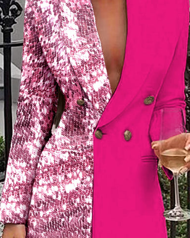 Sonicelife-2024  Women Office Dress Colorblock Patchwork Long Sleeve Blazer Dress V Neck Sequins Double Breasted Blazer Dress