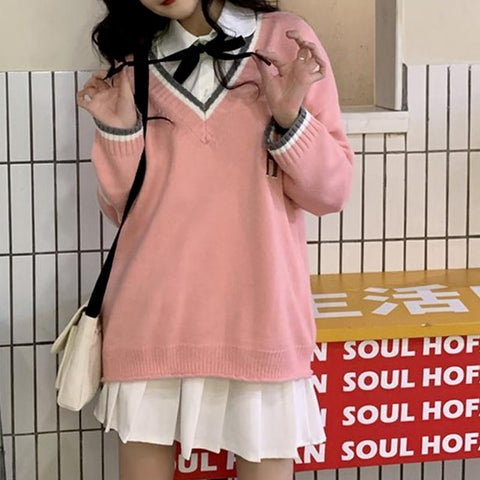 Sonicelife  Preppy Fashion Beige Sweater Women Korean Style Striped Knitted V-Neck Long Sleeve Oversize Jumper Pullover Female Tops