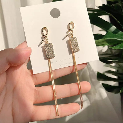 Vintage Gold Color Bar Long Thread Tassel Drop Earrings for Women Glossy Arc Geometric Korean Earring Fashion Jewelry 2020 New