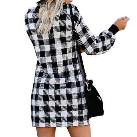 Sonicelife hoco dresses Vintage Plaid Dress Women Christmas Party Mini Dresses Long Sleeve Retro Dress Ladies Round Neck Loose Dress Female Vestidos