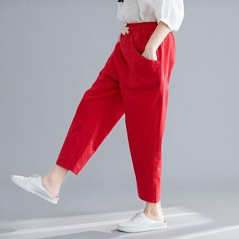 Cotton Linen Ankle-length Pants Summer 2021 Women Capris Pants Drawstring Loose High Waisted Trousers Linens Women's Harem Pants