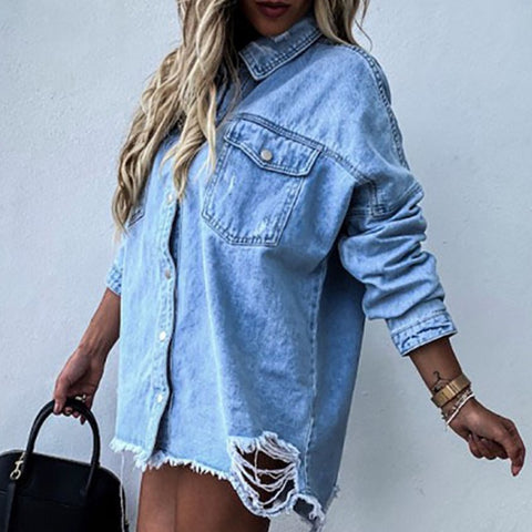 Batwing Sleeve Boyfriend Denim Shirts Jackets Coats Ripped Hole Loose Cardigans Button Jeans Blouses Women Outerwear Tops