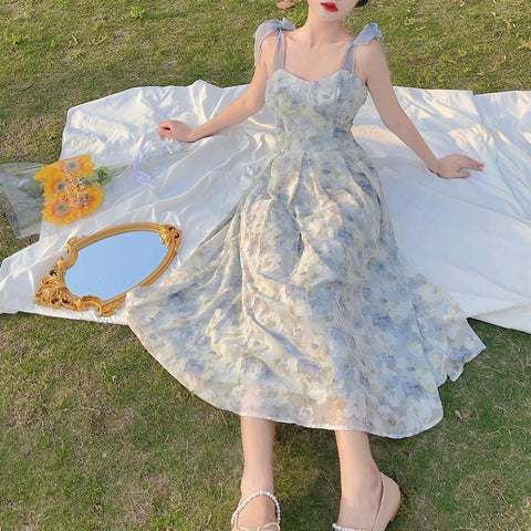 Sonicelife  Elegant Long Flower Strap Dress Women Vintage Sweet Print Korean Slip Fairy Dress Casual Calssy Party Princess Dress Spring