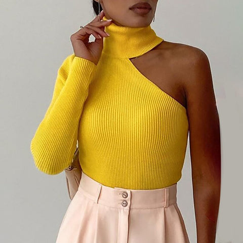 2023 Autumn Woman Fashion Casual High Neck One Shoulder Skinny Knit Top Warm Sweater Daily Wear Yellow Long Sleeve Tops Casual