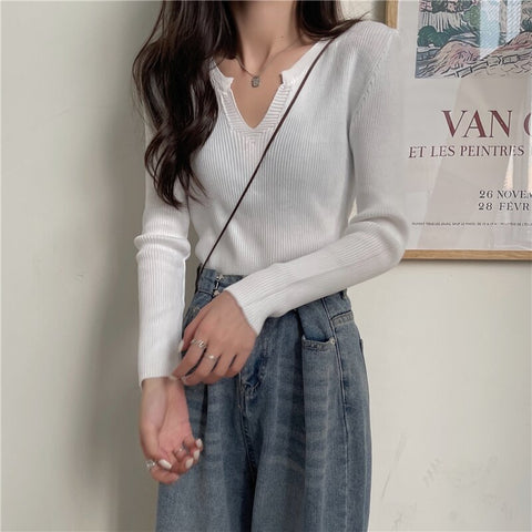 Christmas Gift AOSSVIAO 2023 Hot Sales New Autumn Winter Women Basic Wear Loose Casual V Neck Solid Color Knit Pullovers Tops Sweaters