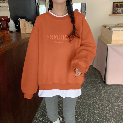 Sonicelife French Vintage Full Sleeve Sweatshirt Streetwear 2024 New Trendy Loose Fake Two Pullover 90s Embroidered Round Neck Women Hoodie