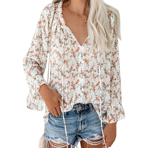 Sonicelife  Women Floral Print Chiffon Blouse V Neck Drawstring Flared Long Sleeves Pullover Casual Tops Office Lady Flower Blouses