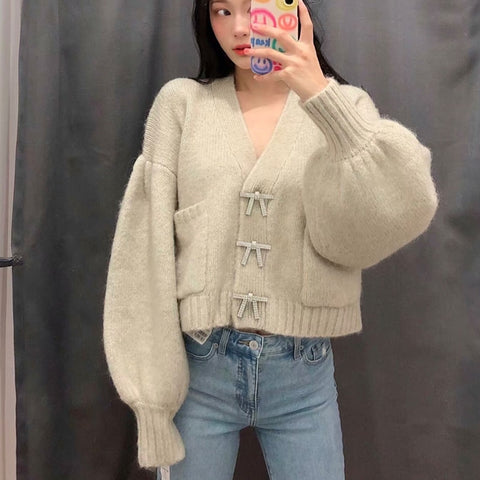 2023 Spring Autumn Women Vintage Knitted Cardigan Sweater Chic Diamond Button Loose Jacket Coat Casual Short Outwear Tops Female