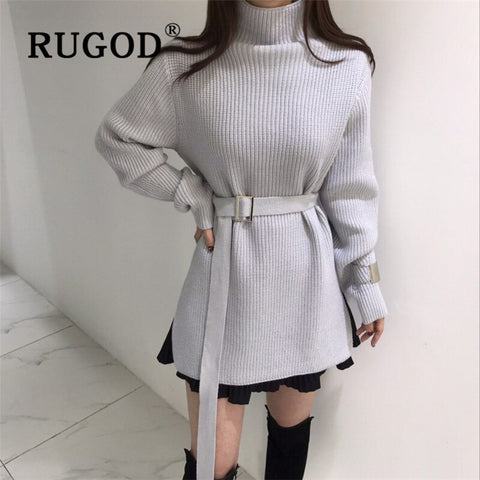 RUGOD elegant tunic belted sweater dress women fashion turtleneck long sleeve knitted dress  split side mini dress vestidos