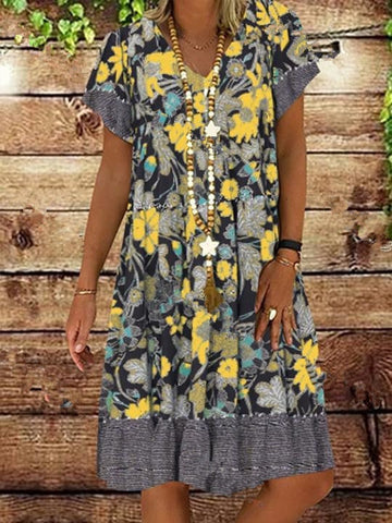 Sonicelife High quality plus size loose women dress 2024 summer dress fashion casual V-neck short sleeve printed women dresses 6xl 0424