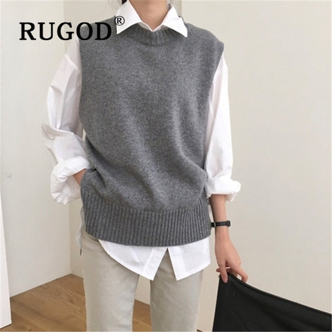 RUGOD Women's Jersey Solid Color O-Neck Sleeveless Oversized Sweater Vest Female All-match Knitwear Fashion Tide  Gilet 2023