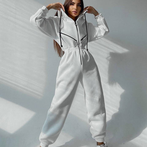 Sonicelife  Casual Women Basic Hoodie Jumpsuit Zipper Drawstring Overalls Fleece Lined Streetwear Tracksuit Solid Rompers One Piece Outfit